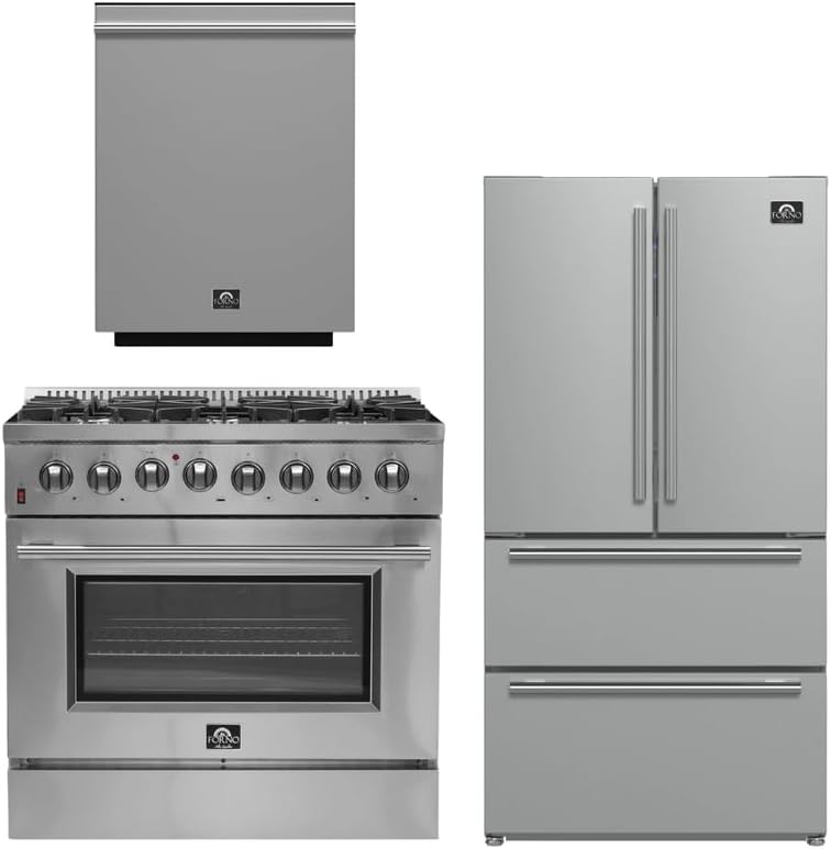 FORNO 3-Piece Kitchen Package – Galiano 36" Dual Fuel Range, 36" French Door Refrigerator & 24" Built-In Dishwasher, FBDL-004-02CAUS