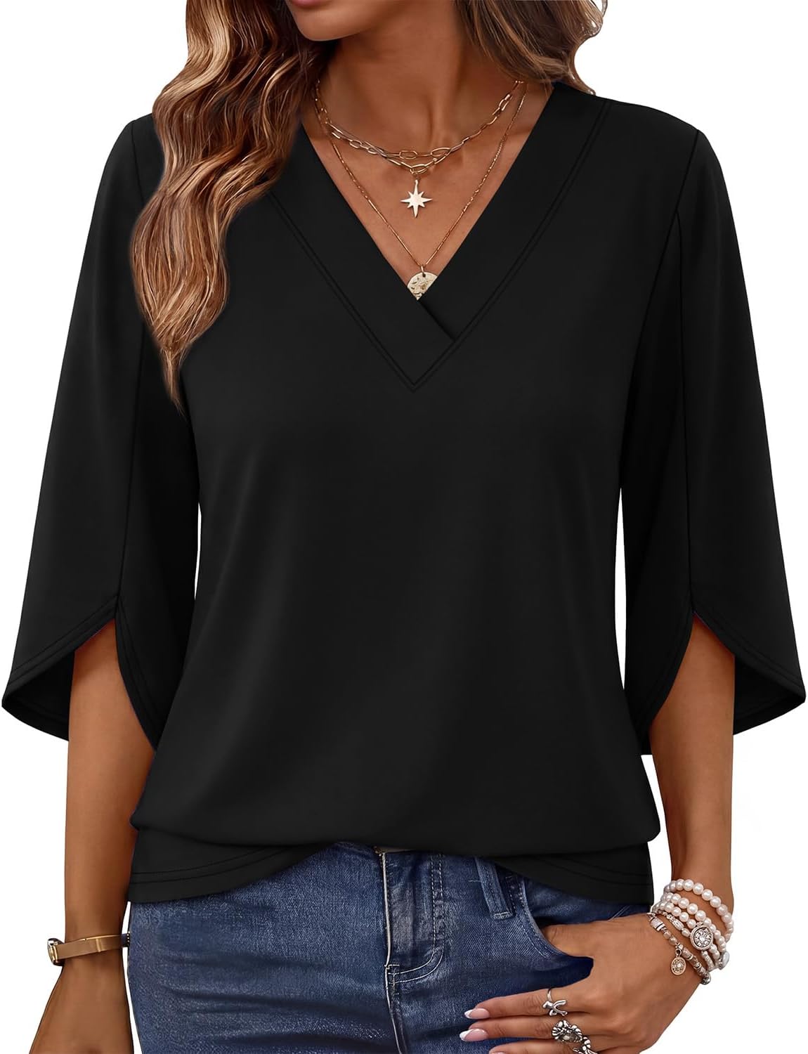 WIHOLL Womens Tops Summer Outfits 2026 V Neck Shirts Womens Blouses Dressy Casual Bell Sleeve Fashion Clothing