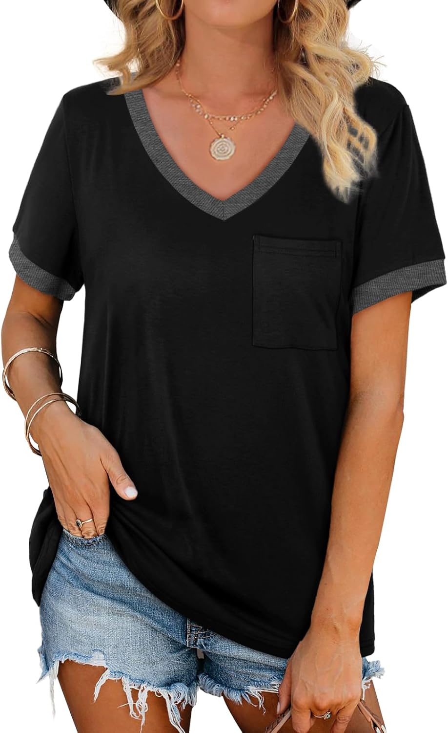 Geifa Womens T Shirts Short Sleeve V Neck Loose Casual Summer Tops 2026 with Pocket