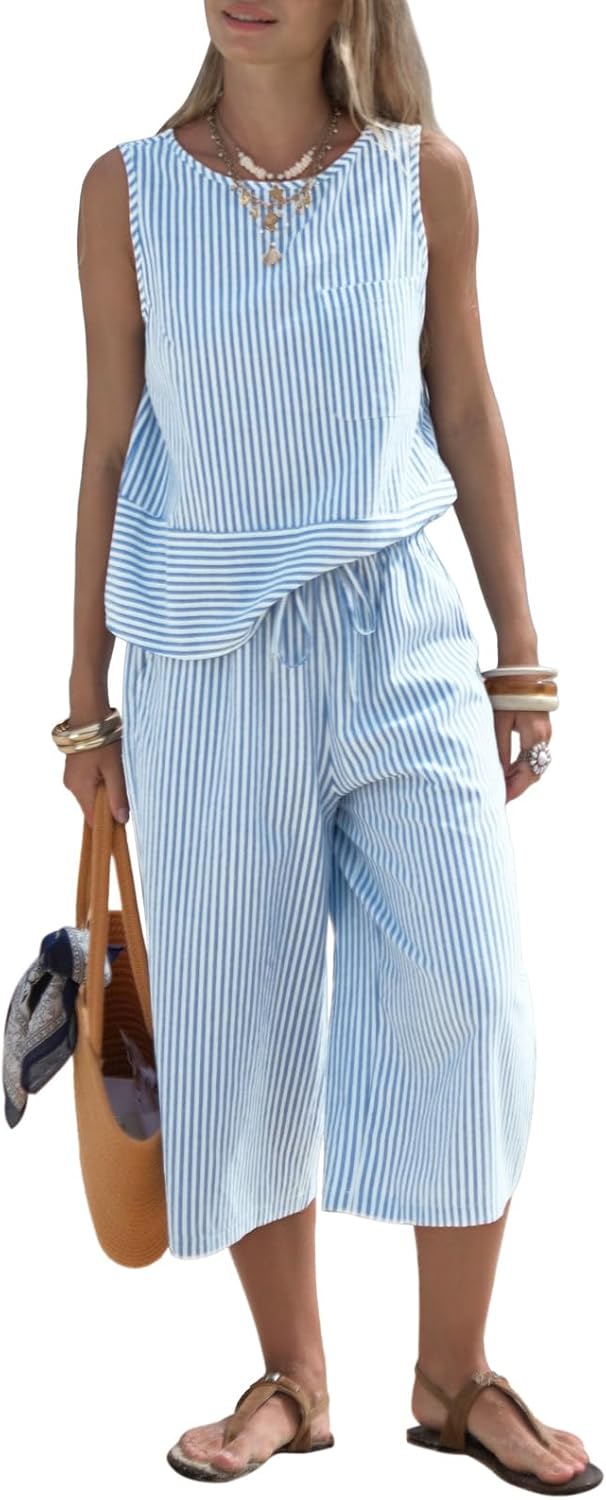 EXLURA Womens Summer 100% Cotton 2 Piece Outfits Striped Sleeveless Top Capri Wide Leg Pants Sets Faux Linen Beach Vacation