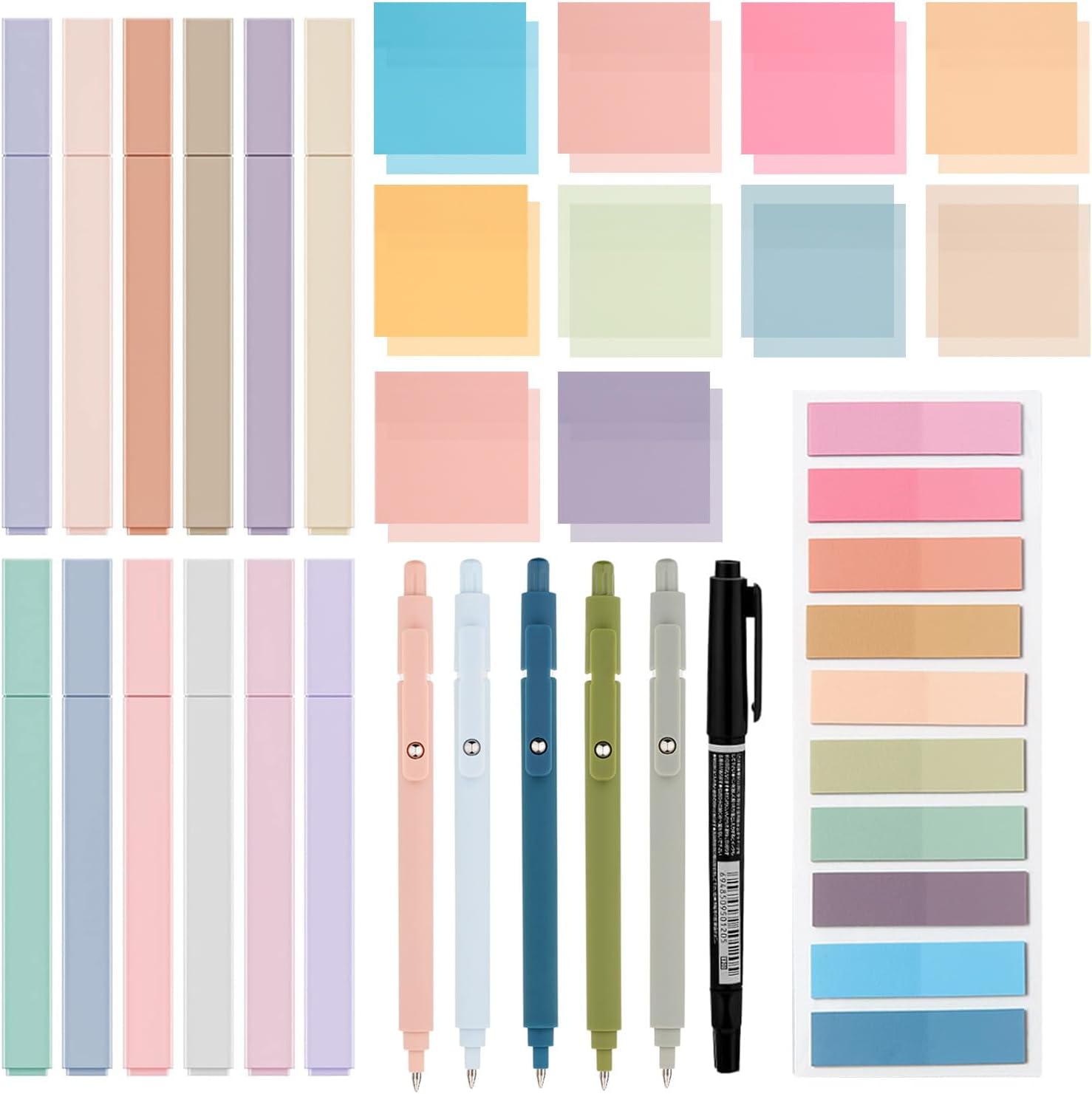 38 PCS Annotation Set with Aesthetic Highlighters, Gel Pens, Sticky Notes & Tabs, Dual Tip, Fast Dry Ink Pens for Book Marking and Office Use
