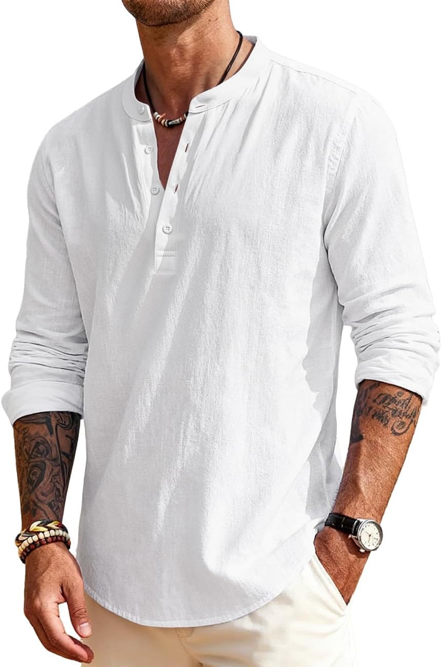 Men's Linen Shirts Henley T-Shirts Long Sleeve Casual Beach T-Shirts Solid Tops Shirts for Men