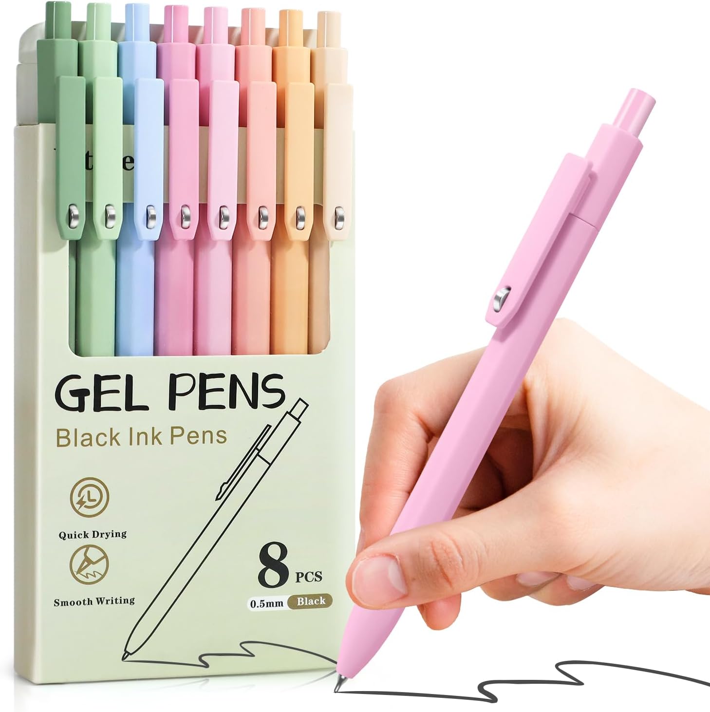 Piochoo Aesthetic Pens, 8 Pcs 0.5mm Gel Pens, No Smudge Quick Dry Smooth Writing Pens, Cute Black Ink Journaling Pens for Women Nurse School Office Desk Accessories