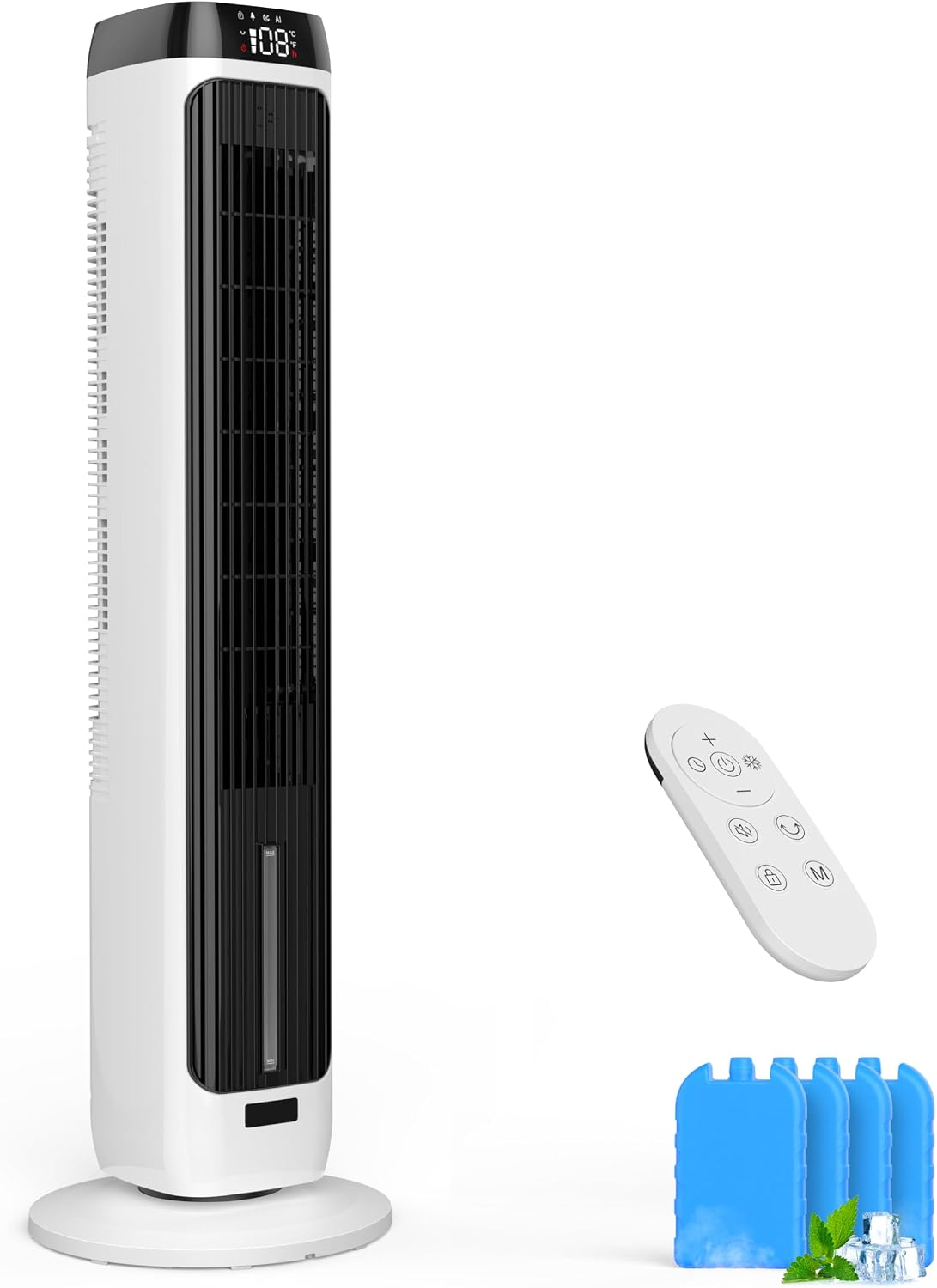 PNTCK 41" Evaporative Air Cooler Swamp Cooler with 3 Speeds, 5 Modes, 12H Timer, Remote, 80° Oscillation, LED Display, Bladeless Tower Fan Cooling Fan for Bedroom Office Large Room Indoor Use