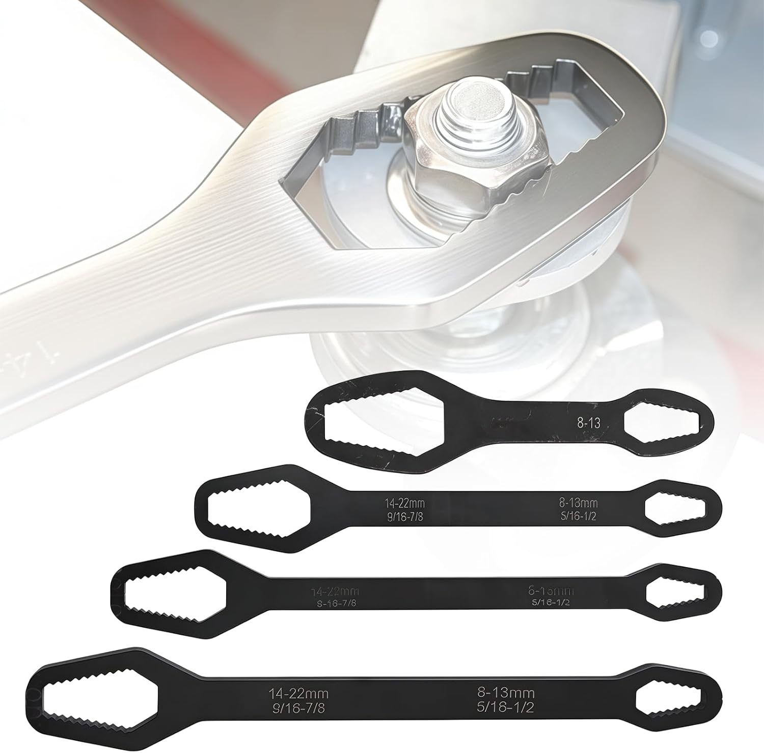 Thickened Double-Ended Torx Wrench, Universal Automotive Wrench 8-22mm Self-Tightening Adjustable, Multi-Size Torque Wrench Tool for Mechanical Maintenance, Home Repair & Auto Fix (Black-4Pcs)
