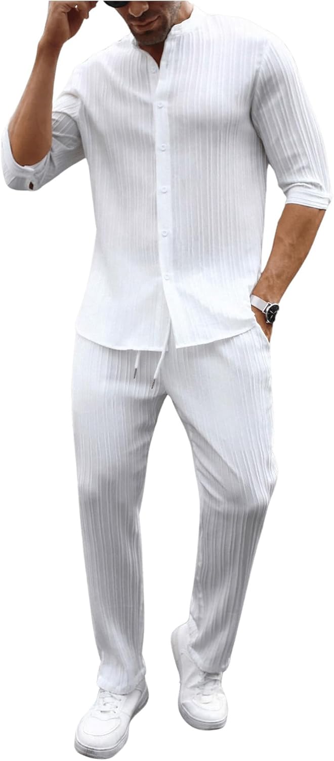 VIPWOLF Men's 2 Piece Outfits Casual Half Sleeve Button Up Shirts and Drawstring Pocket Pants