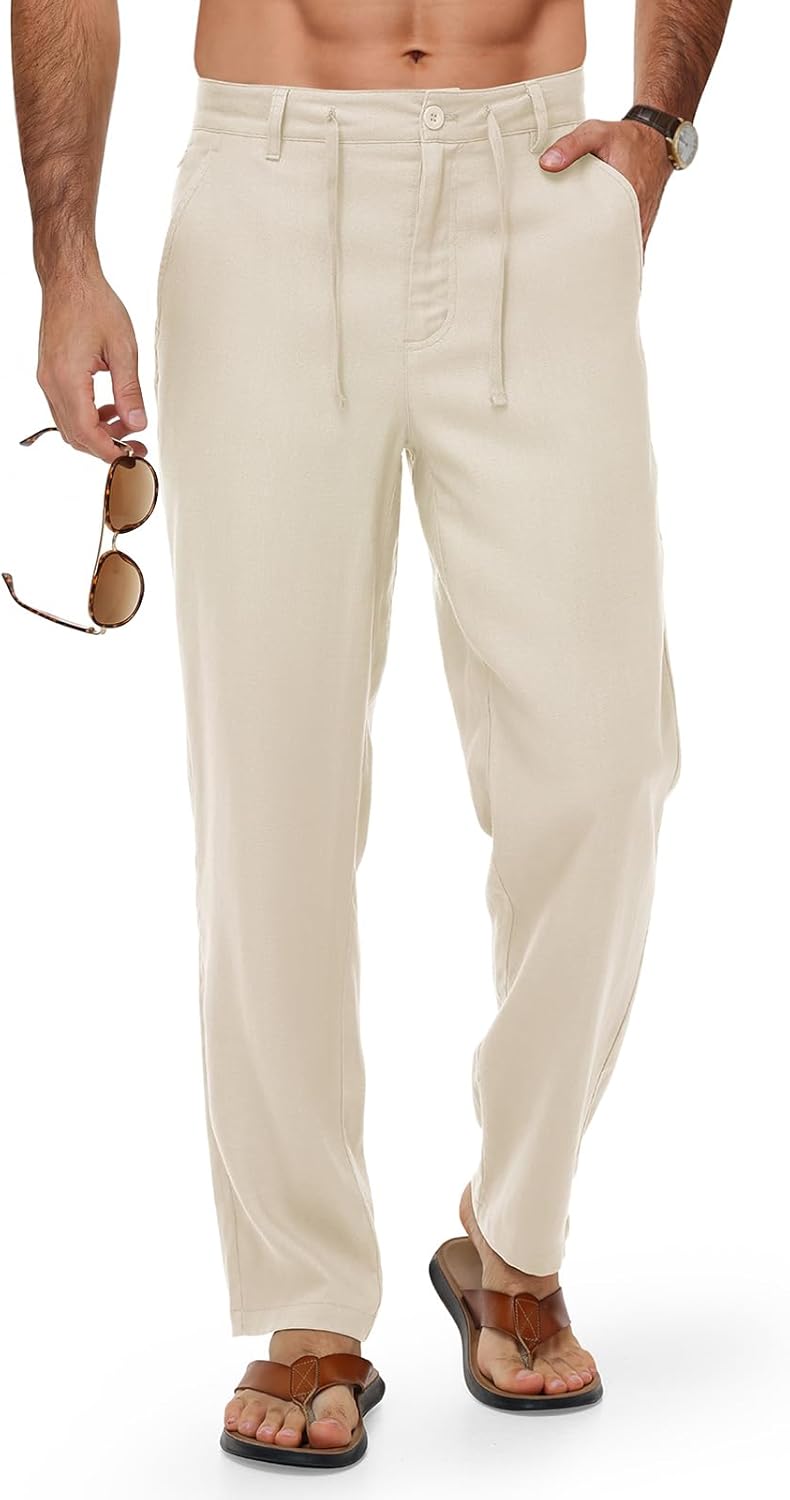 TBMPOY Men's Linen Pants Casual Travel 5 Pockets Lightweight Breathable Dress Pants Summer Beach Work Trousers