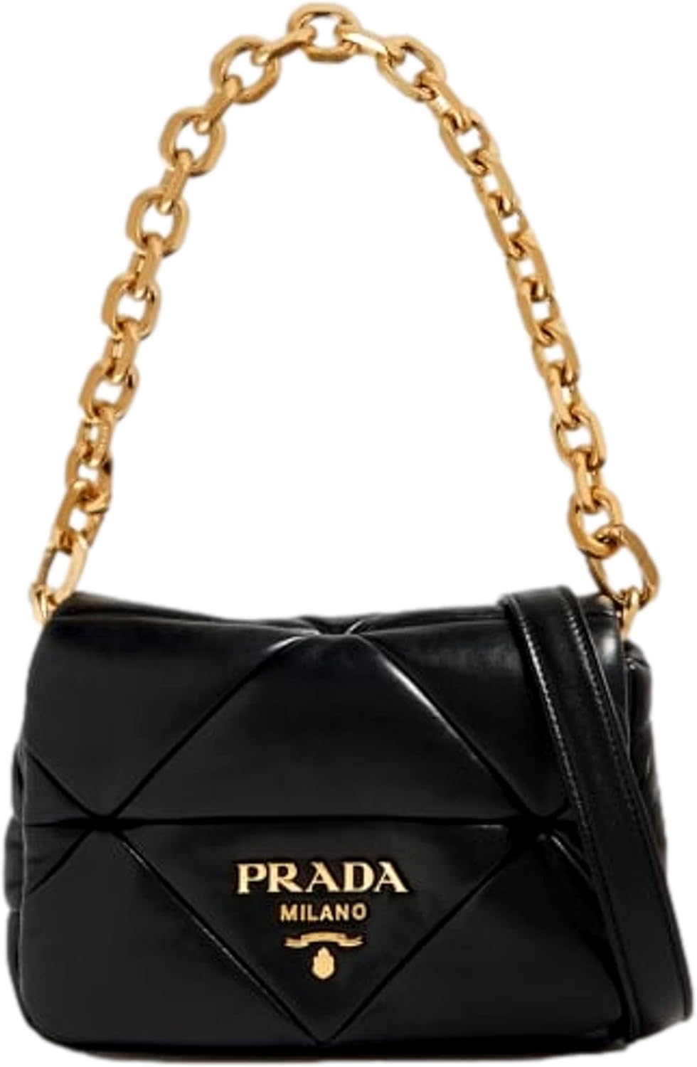 Prada Women's Gold Logo Black Quilted Nappa Patch Leather Small Shoulder Bag 1BD392