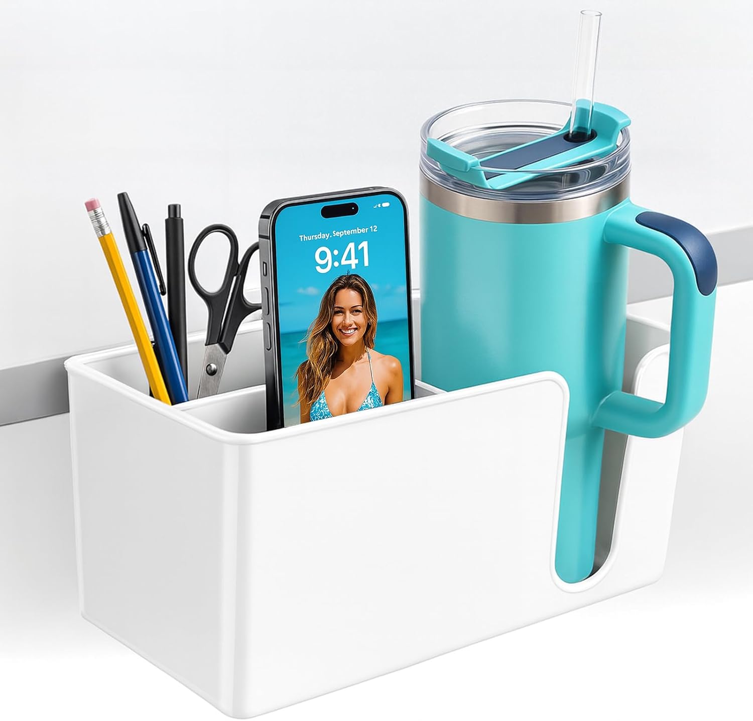 OOKUU 3-in-1 Desk Organizer - Large Desk Cup Holder Clamp, Pencil Holder and Phone Stand - Detachable Anti-Spill Table Cup Holder, Office & PC Gaming Desk Accessories for Cup, Phone and Pen (White)