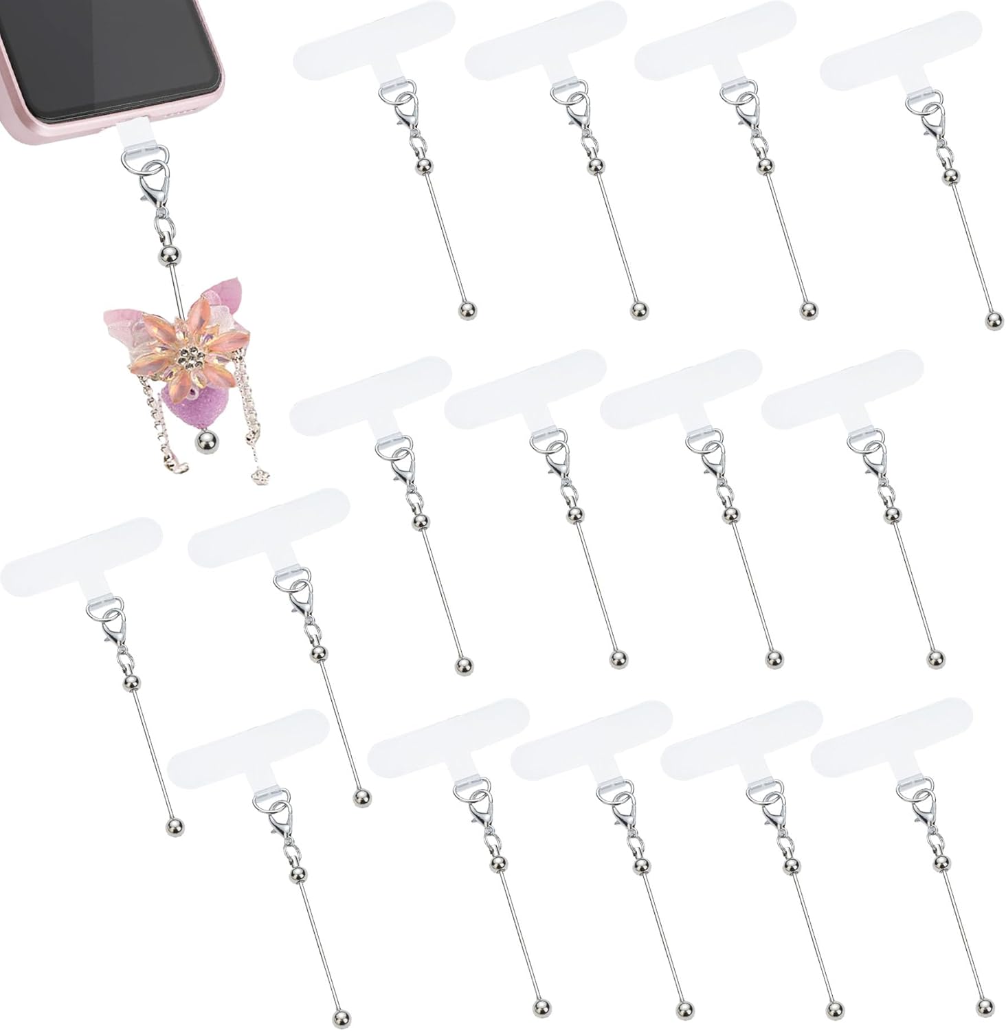 15 Pack Beadable Phone Charms with Blank Bar Smartphone Tether Tap Universal Lanyard Patch Accessories for Cell Mobile Phone