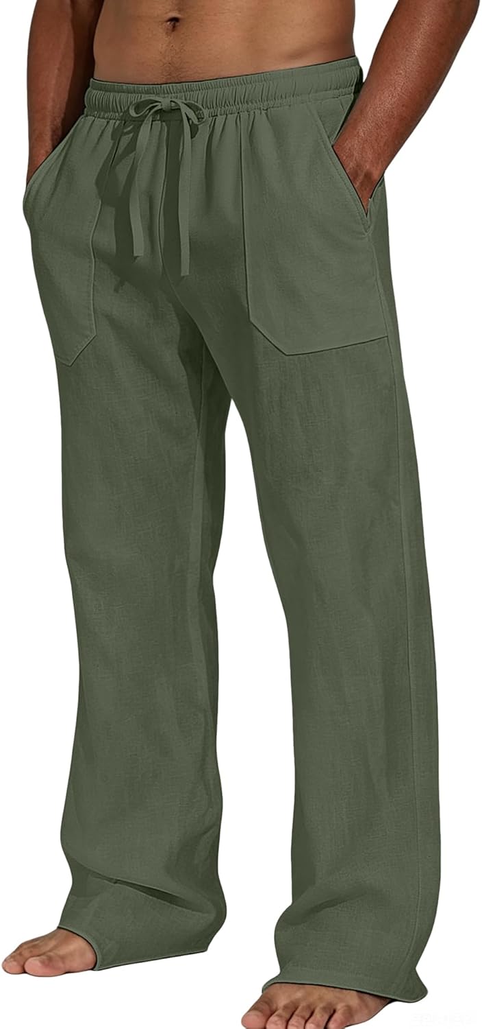 Men's Cotton Linen Casual Pants Elastic Waist Drawstring Loose Straight Leg Lightweight Summer Beach Yoga Lounge Trousers