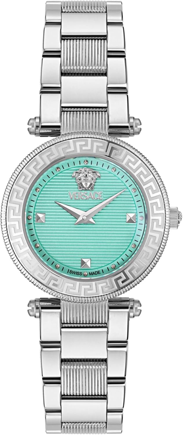Versace Reve Petite Collection Luxury Womens Watch Timepieces with a Silver Bracelet Featuring a Stainless Steel Case and a Blue Dial
