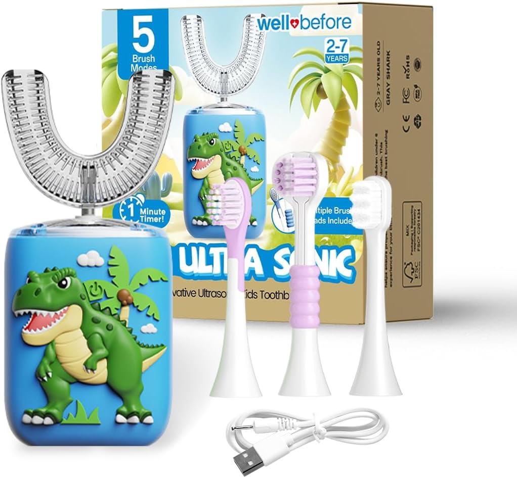Well Before Kids U Shaped Electric Toothbrush with 5 Brush Heads, Ultrasonic, 5 Modes, IPX7 Waterproof Design (Dinosaur, Green, Ages 2-7)