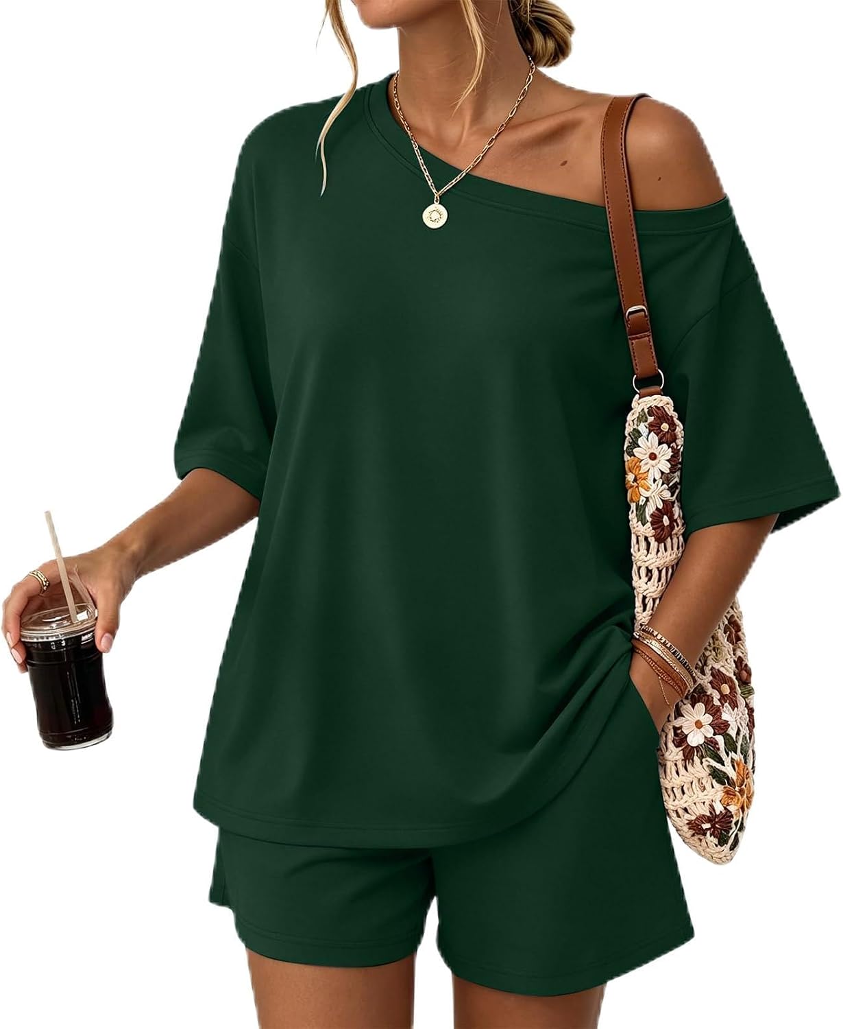 2 Piece Short Sets for Women Summer Baggy Cold Shoulder Tops Comfy Loose Fit Shorts with Pockets Shorts and Shirt Set