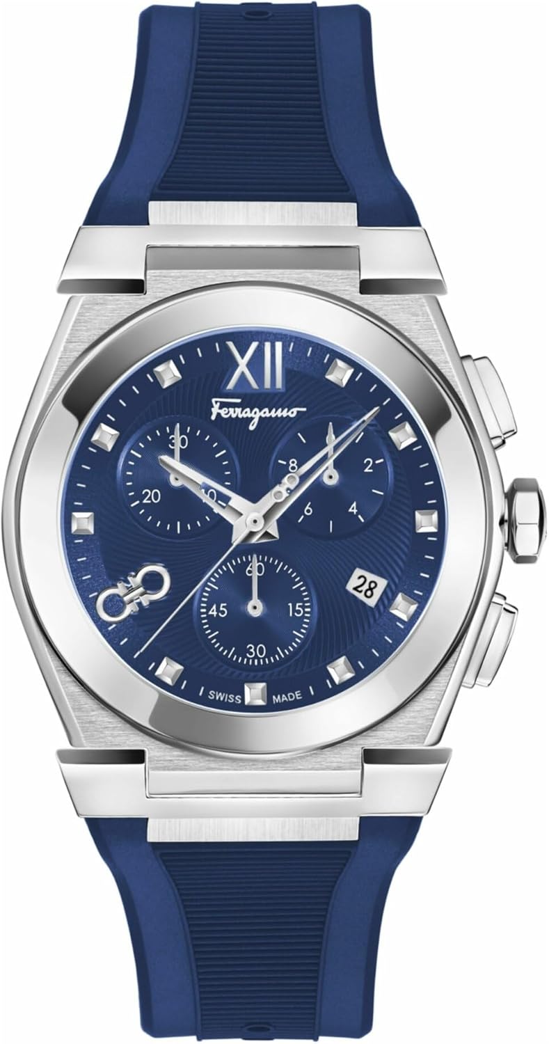 Ferragamo Vega Chrono Men’s Watch, Swiss Made Luxury Designer Watch for Men with Blue Guilloche Dial, 40mm Stainless Steel Case, Blue Silicone Strap, Deployant Clasp, 5 ATM