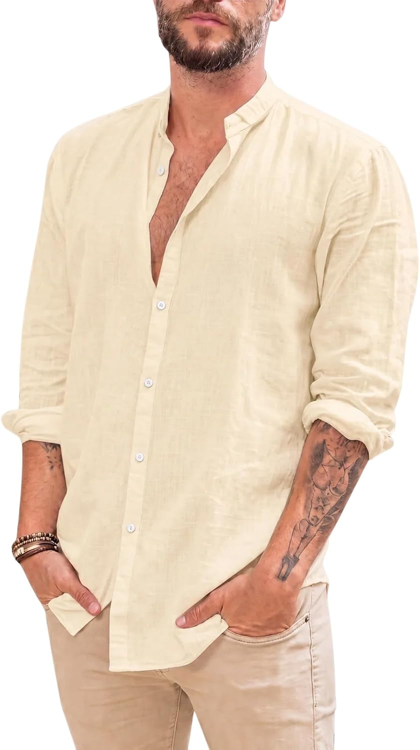 Makkrom Men Linen Shirt Button Down Long Sleeve Cotton Beach Band Collar Casual Summer Shirts