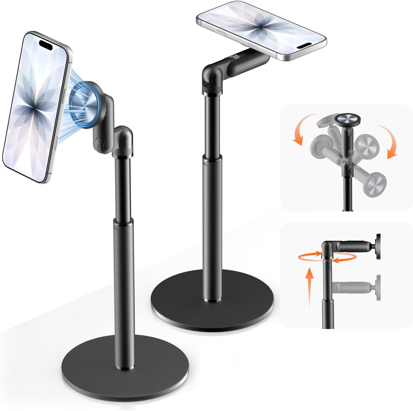 360° Rotating Magnetic Phone Stand for MagSafe, 2 in 1 Adjustable Tablet Stand & Cell Phone Stand, Aluminum Phone Holder for Desk, Compatible iPhone 17 16 15 14 13 12 Pro Max and IPad, Black
