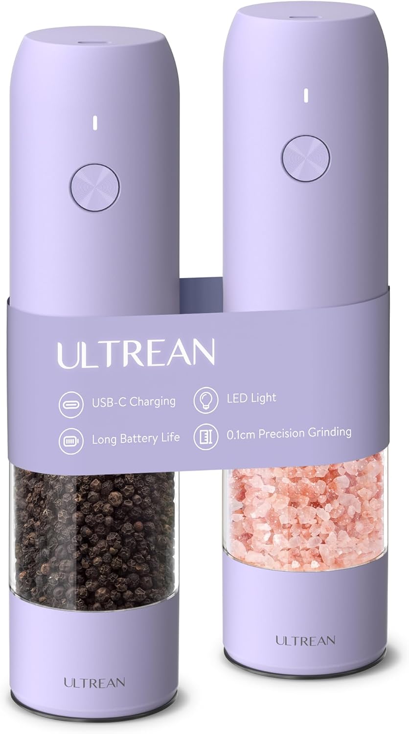 Ultrean Pepper Grinder, Rechargeable Salt and Pepper Grinder with 6 Adjustable Coarseness, LED Light, Automatic Salt and Pepper Shakers, Kitchen Gadgets, Gifts for Women, Lavender Purple