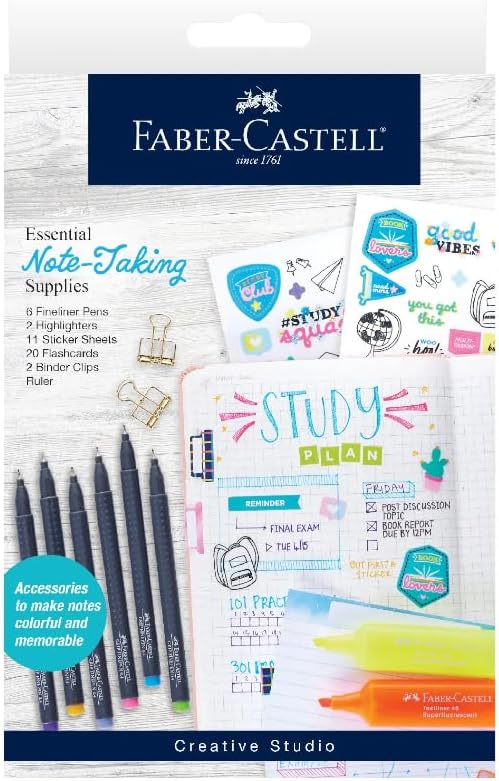 Faber-Castell Essential Note Taking Supplies - Studying Essentials Set with 6 Fineliner Journal Pens, College School Supplies, Stationary and Planner Accessories