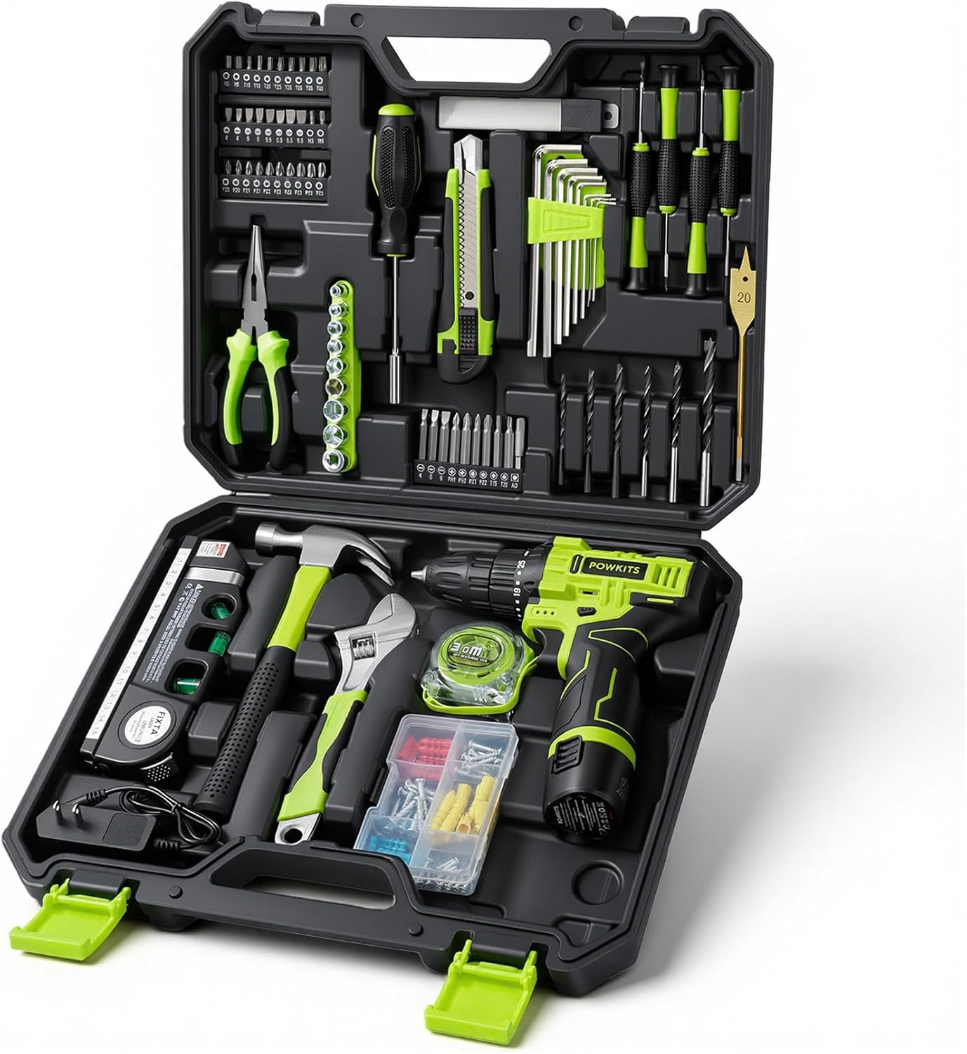 Cordless Drill Tool Set: 12V Power Drill Tool Kit with Battery & Charger, 25+1 Torque Setting, Portable Household Basic Drills Case for Men & Women, 2-Speed Electric Drill Set, 142 Piece, Green