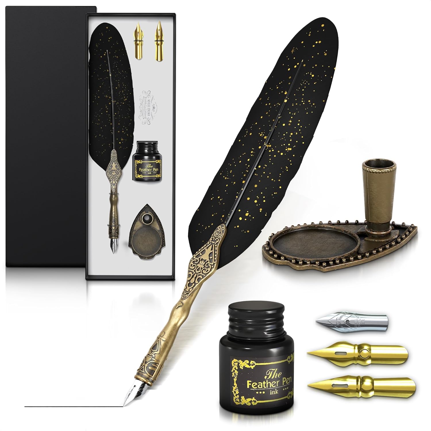 Black Feather Quill Pen and Ink Set – Feather Pen and Ink Set with Stainless Steel Nib & Stand for Practice, Drawing, Signatures & Vintage Decor – Designed for Calligraphy Beginners, Authors & Writers
