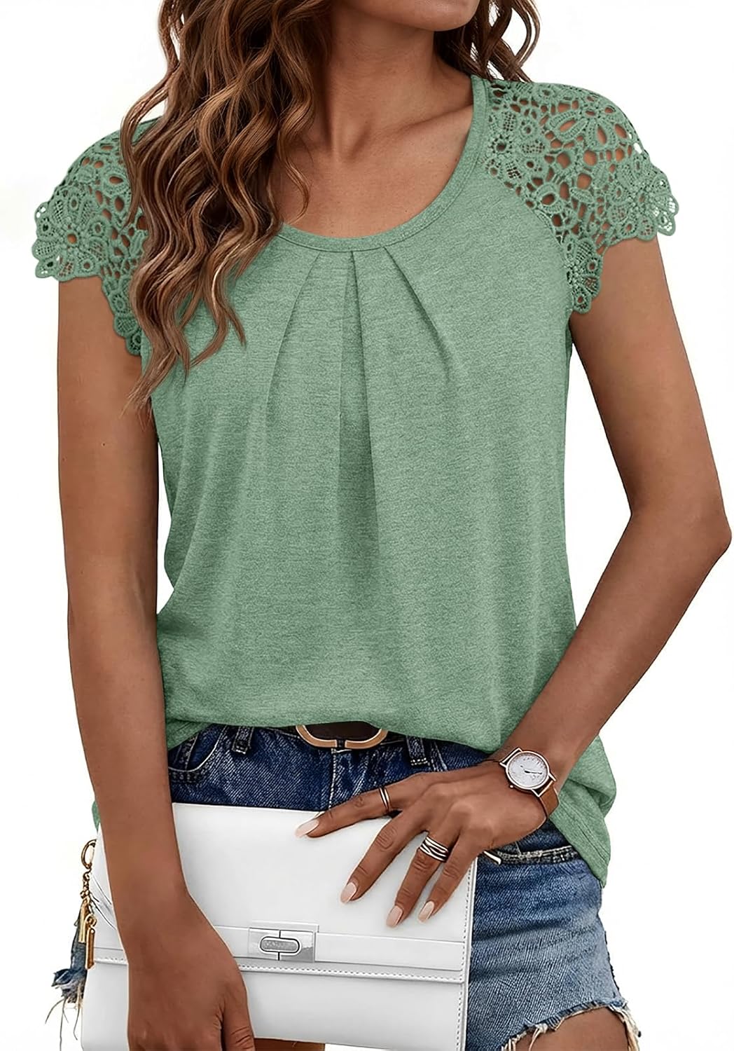 AUTOMET Womens Lace Tops Pleated Short Sleeve Shirts Summer Business Casual Dressy Blouses