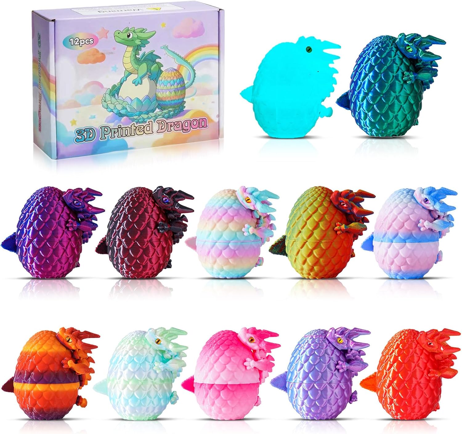 12PCS 3D Printed Dragon Eggs with Dragon Inside, Mini Dragon Egg Set Articulated Crystal Fidget Toys for Home Office Desk Decor, Easter Basket Essentials Stuffers (Series A)