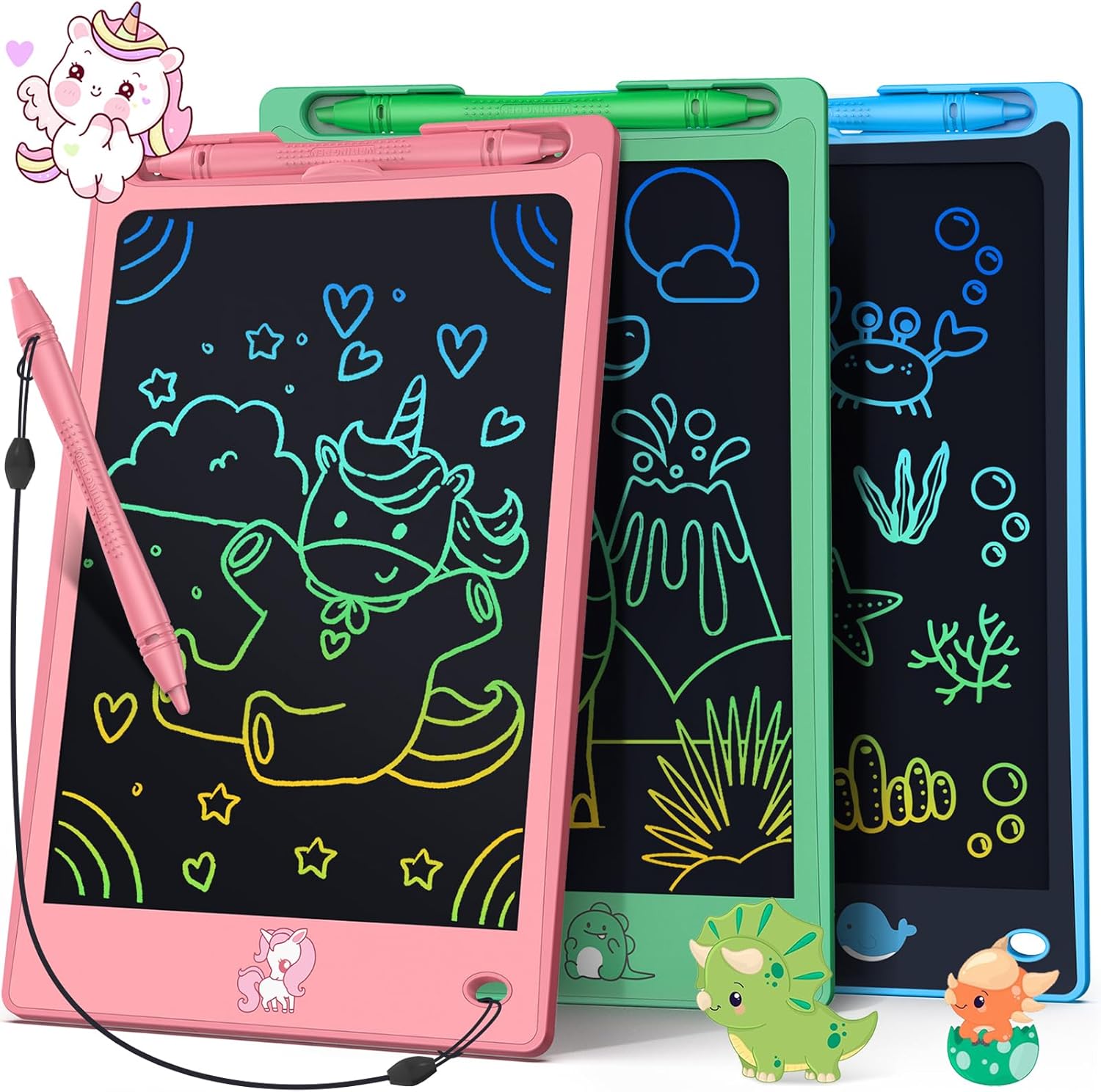 FLUESTON LCD Writing Tablet for Kids, 8.8 Inch Drawing Tablet for Boys Girls 3 4 5 6 7 8 Year, 3pcs in 1 Pack Drawing Pad Birthday Christmas Gift for Kid Educational Doodle Board Cute Unicorn Toy