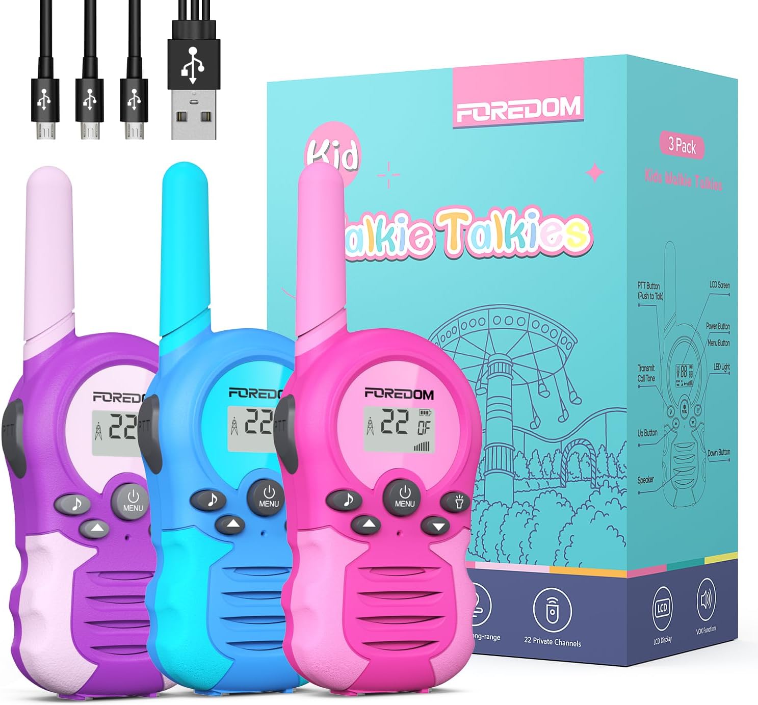 FOREDOM Rechargeable Walkie Talkies for Kids Walkie Talkies Long Range for Boy & Girl Age 3 to 12 Year Old Birthday Toys - 3 Pack