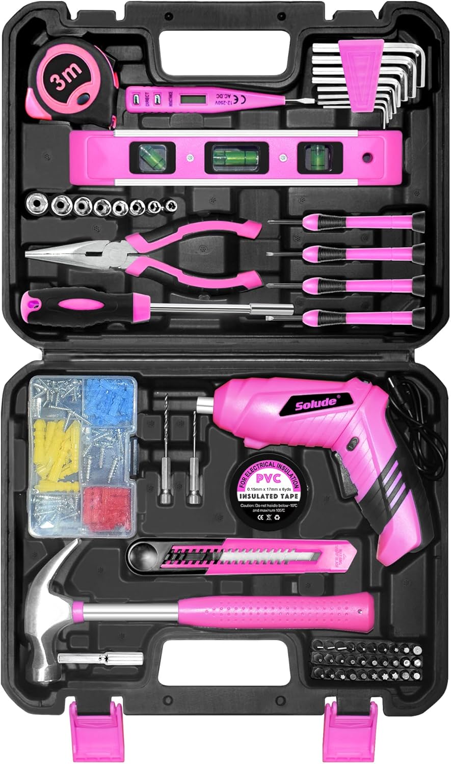 Pink Tool Set for Women,130 Piece Home Tool Kit for Women with 3.6V Cordless Rechargeable Screwdriver,Basic Household Tool Kit Set for New Home,Apartment,College Dorm & DIY Projects