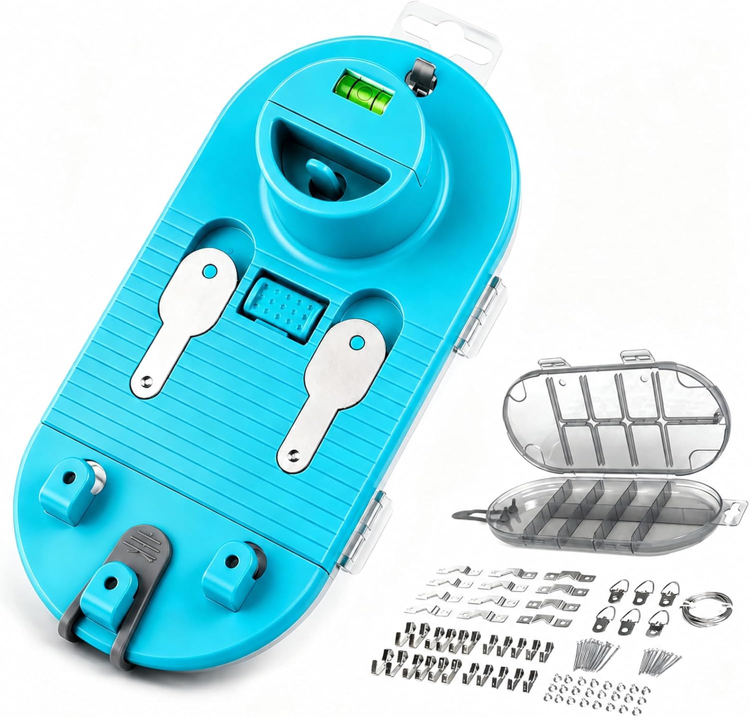 All-in-One Picture Hanging Tool Kit with Level, Patented No-Measure Picture Leveling and Hanging Tool for Sawtooth, Wire & D-Ring Hangers, Wall Marking Positioning System with 85+ Pcs Hardware Case