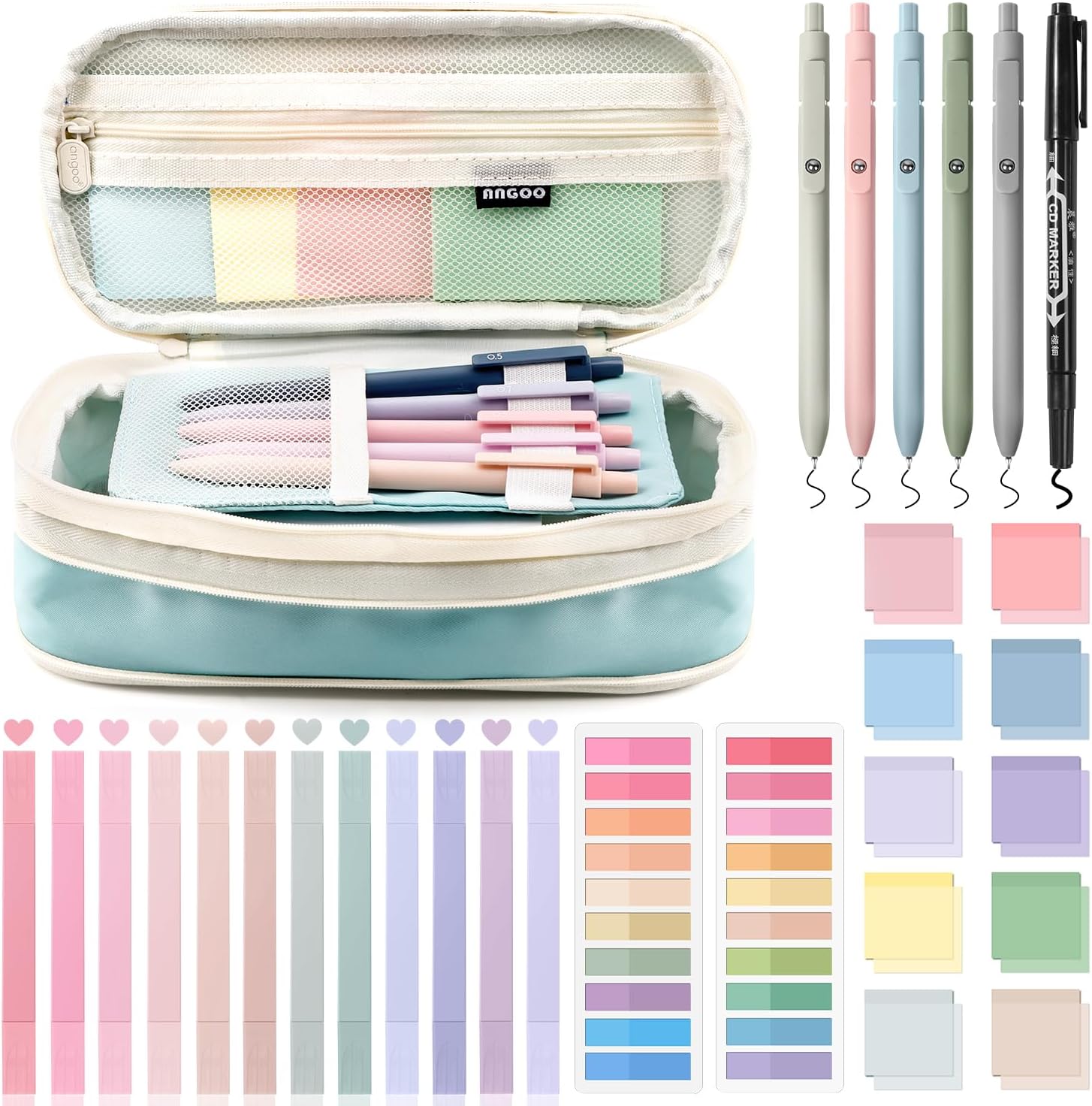 49Pcs Book Annotation Kit - Aesthetic School Supplies with Cute Pen Case Highlighters Gel Pens and Marker, Sheets Transparent Index Tabs Sticky Notes Bible Study Supplies(Light Blue)