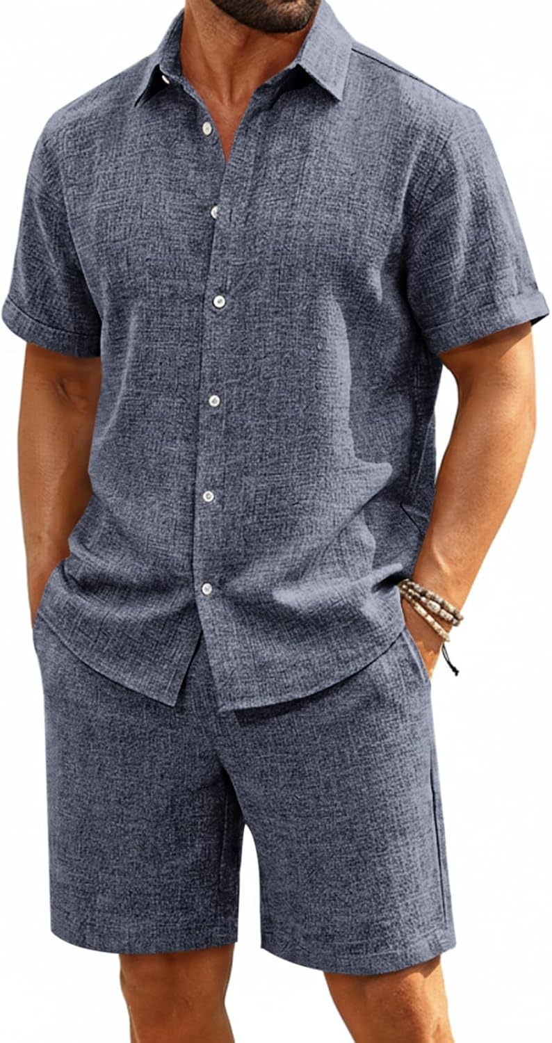 Runcati Mens Short Sleeve 2 Piece Sets Button Down Casual Summer Beach Vacation Linen Shirt and Shorts Outfit