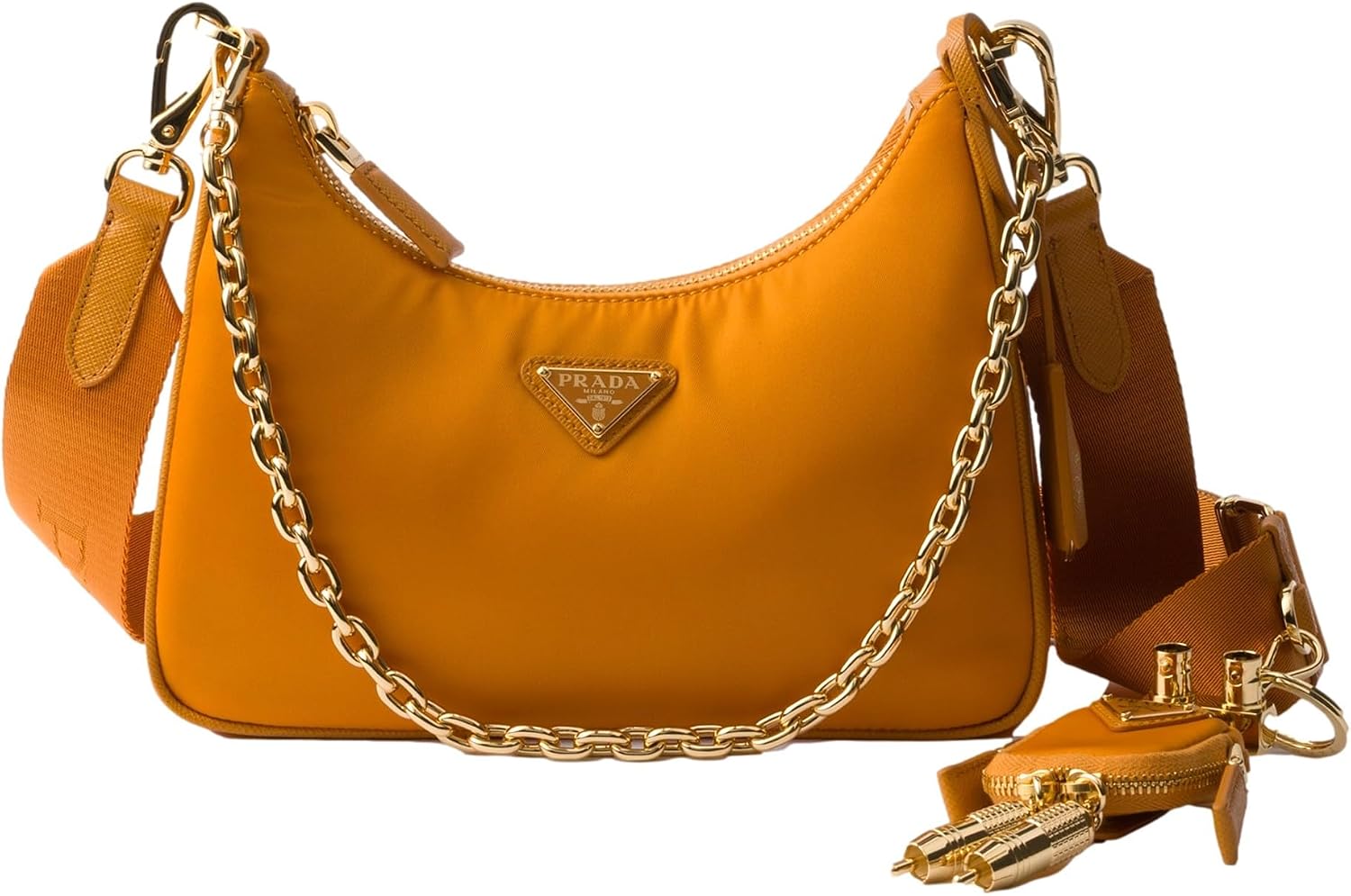 Prada Re-Edition 2005 Orange Re-Nylon and Saffiano Leather Shoulder Bag with Robot Charm Strap | Gold-tone hardware, Adjustable strap, Zip closure, Jacquard lining, Made in Italy, New