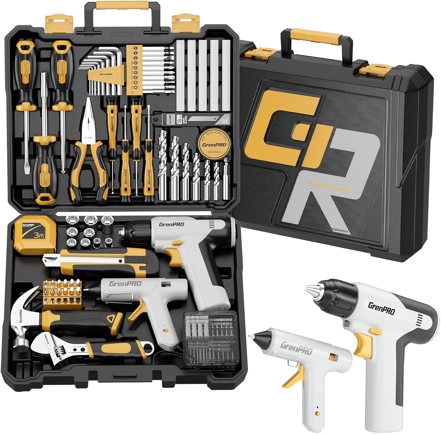 GRENPRO Tool Set Drill Set, 188PCS Tool Kit For Home with Cordless Drill Power, Tool Kit for Women & Men, Basic Household Auto Repair Hand Tool Box, Glue Gun Tools Sets & Electric Drill tools for Mens