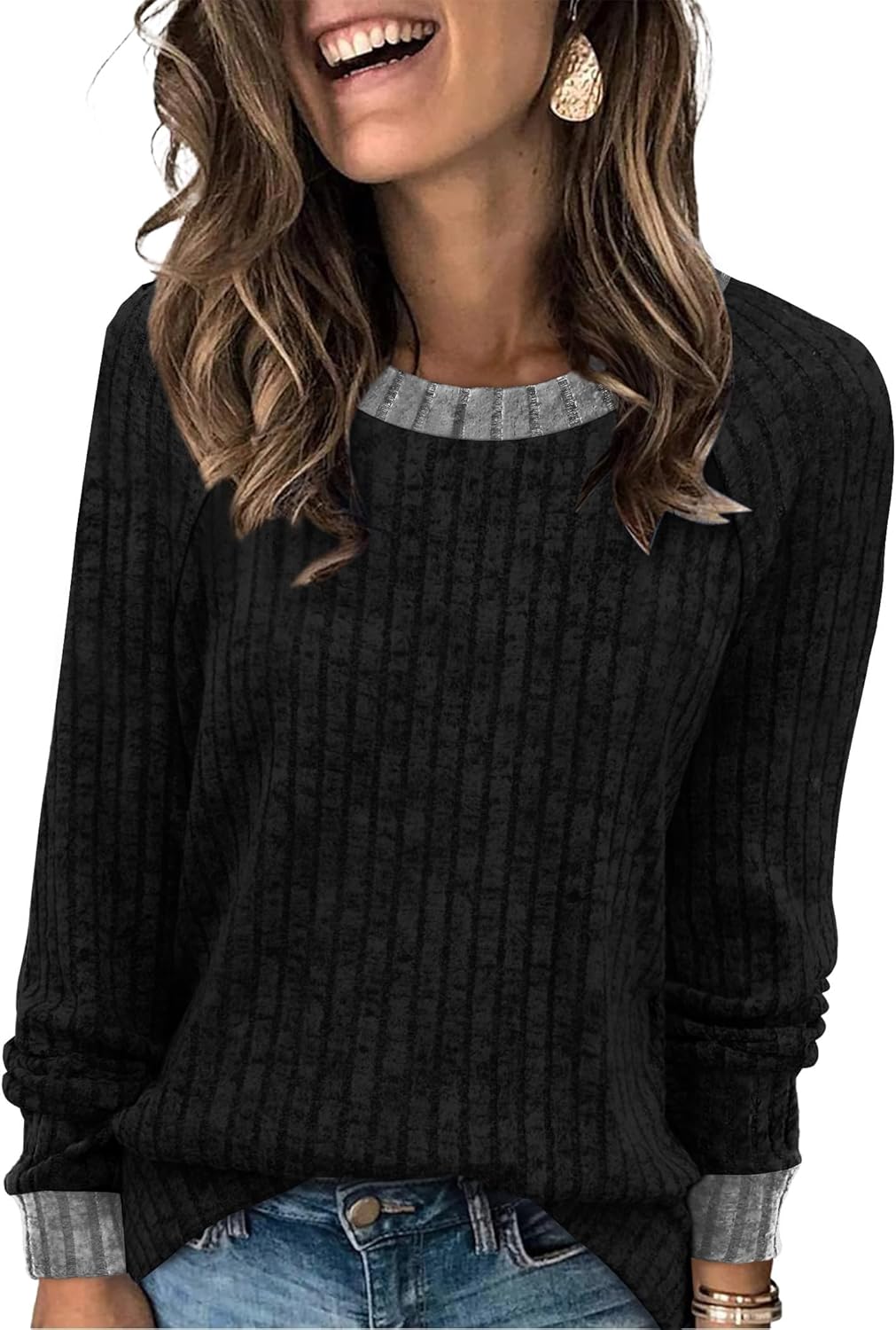 WIHOLL Long Sleeve Shirts for Women Lightweight Sweaters Fall Outfits 2026 Color Block Winter Clothing Dressy Casual Soft