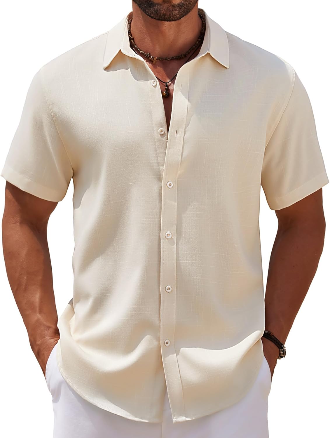 COOFANDY Men's Casual Summer Beach Shirt Short Sleeve Button Down Shirt Vacation Wedding Shirt Linen Textured Shirts