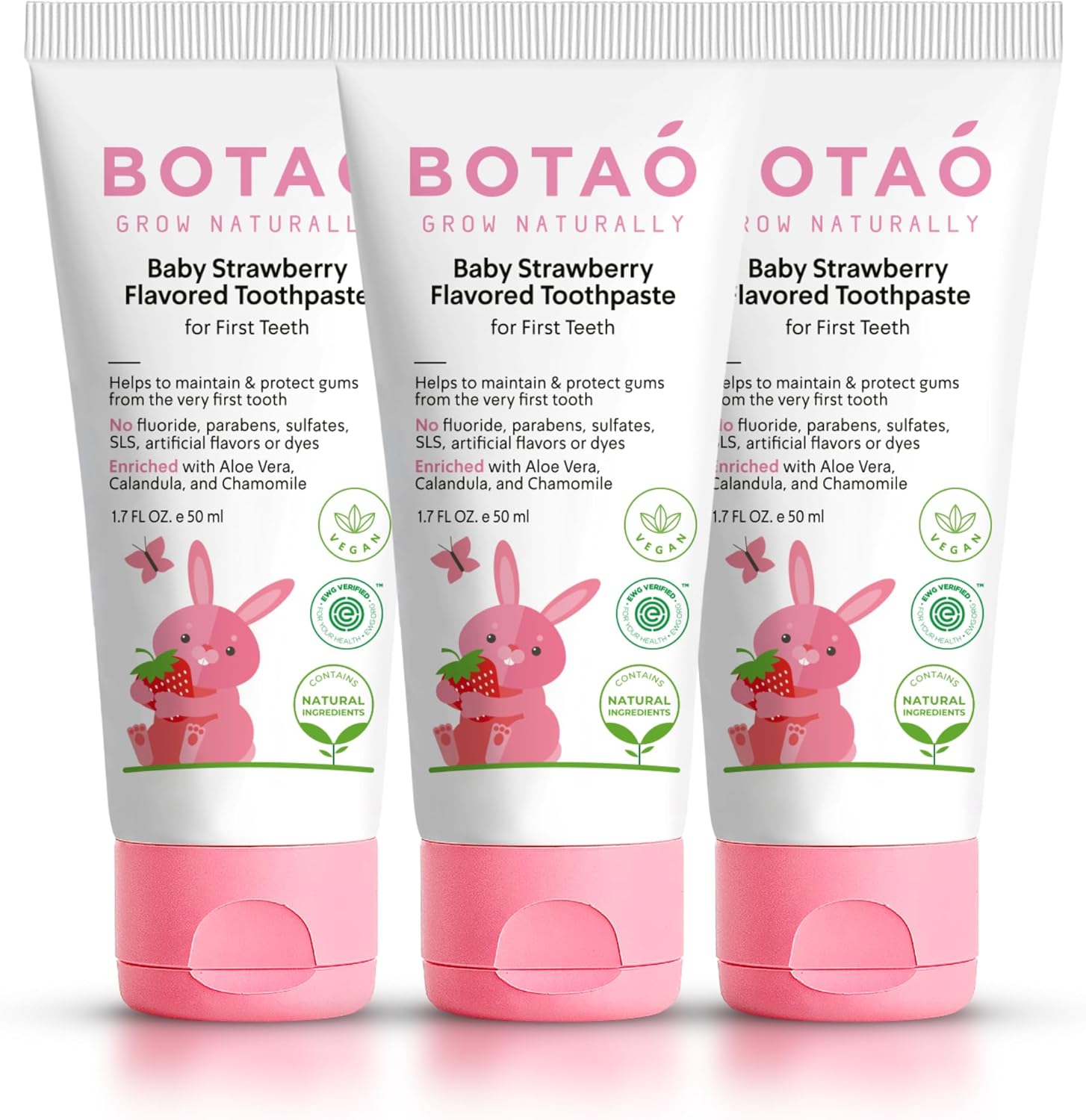 BOTAO Fluoride Free Baby Toothpaste | Natural Toddler Toothpaste | Strawberry Flavored - Training Toothpaste for Toddlers | EWG Verified, Vegan, SLS Free, Safe to Swallow, Aloe Vera (3 Pack)