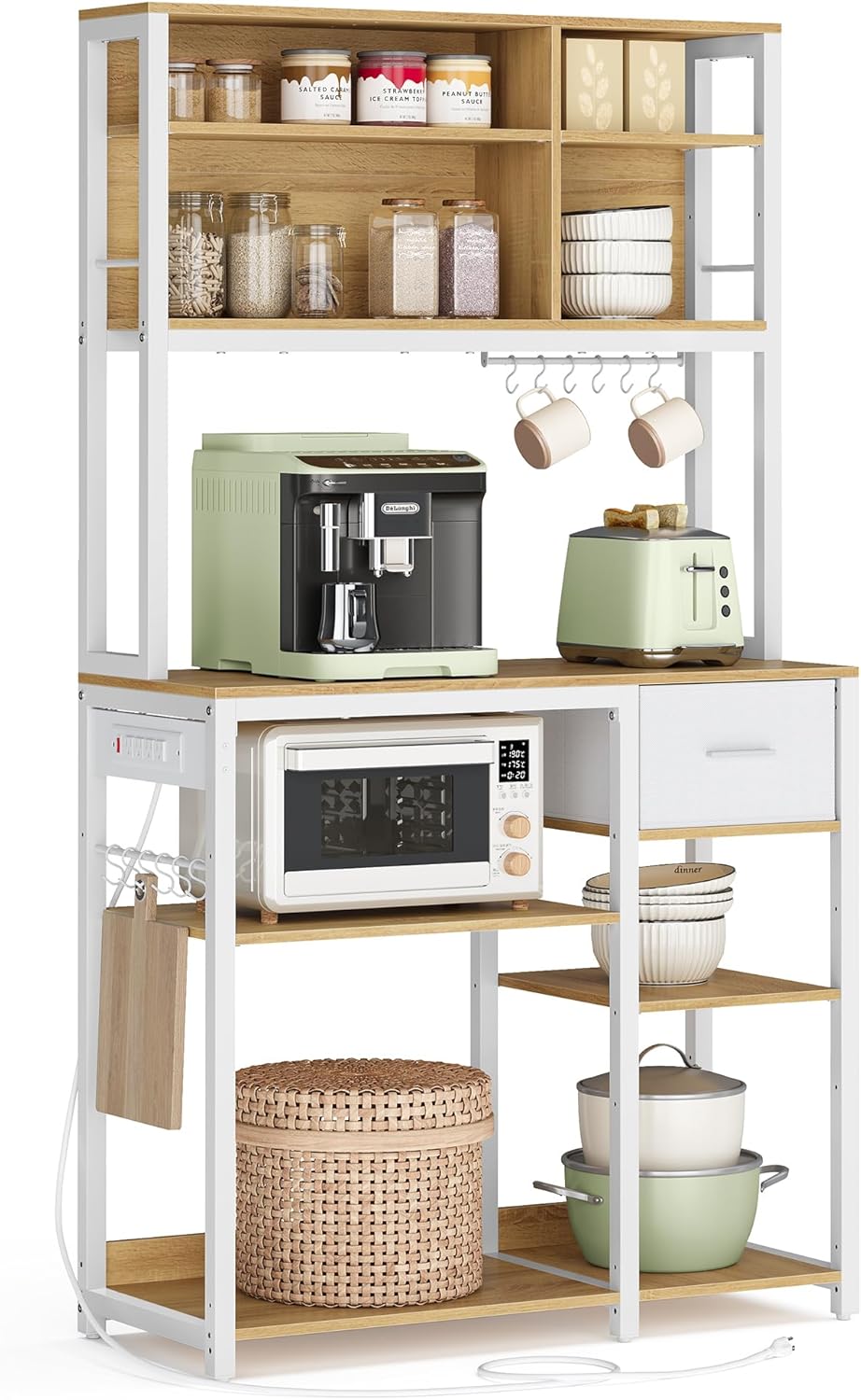 VASAGLE Bakers Rack with Charging Station, Coffee Bar, 15.7 x 31.5 x 71 Inches, Kitchen Microwave Stand, Adjustable Storage Shelves, Fabric Drawer, 12 Hooks, Golden Oak and Cloud White UKKS015Y03