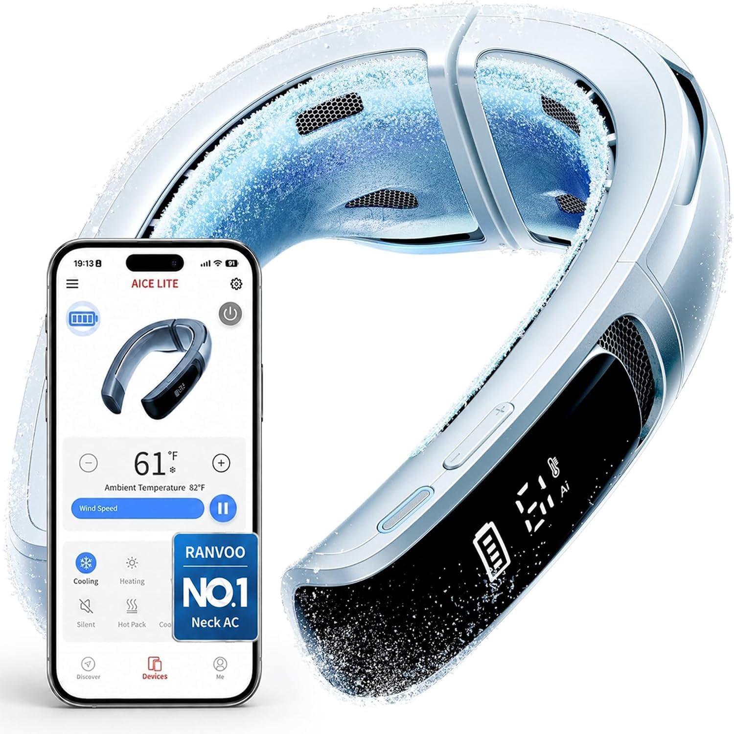 RANVOO AICE LITE MAX 2026 Real AC Cold Blast [No.1 Coolest & Most Durable] AI Neck Air Conditioner, Best Immersive Neck Cooler, 6000 mAh Rechargeable Neck Fan Blow Cold Air, Summer Gifts for Mom White