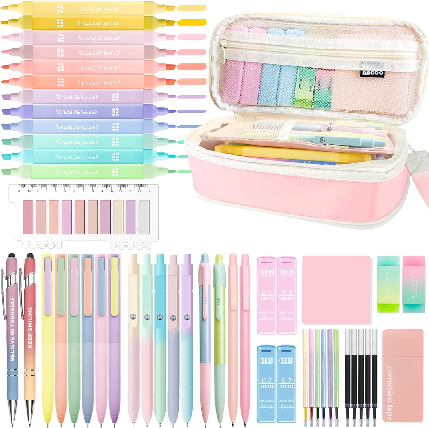 53PCS Aesthetic Office Supplies with Large Pencil Case,12 Pastel Highlighters,5 Black & 6 Color Ink Gel Pens,2 Inspirational Stylus Ballpoint Pens,4 Mechanical Pencils 0.5-0.7mm College Essentials