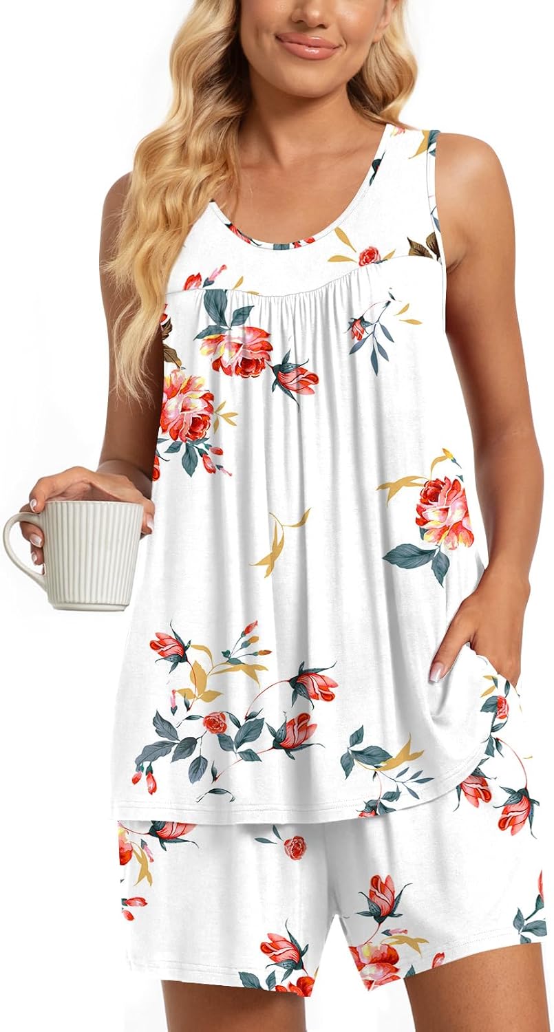 TAOHUADAO 2 Piece Women's Sleeveless Pajama Sets, Lounge Sleepwear Ladies Pjs Sets with Pockets