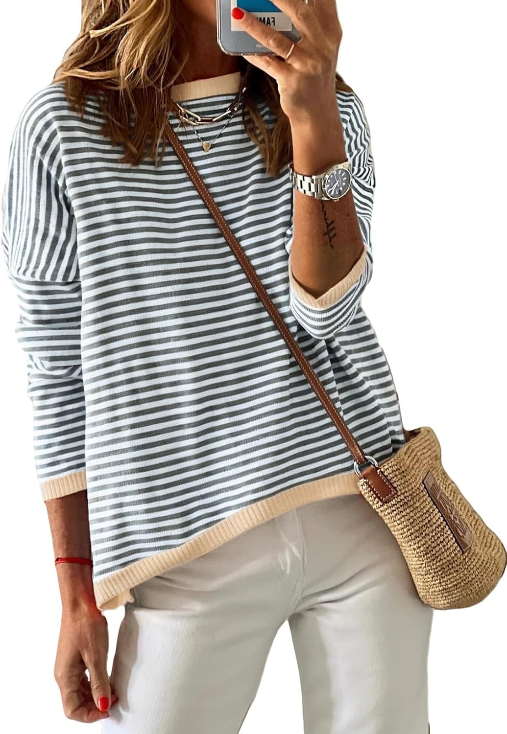 Dokotoo Women's Long Sleeve Sweaters Casual Crewneck Fashion Fall Striped Color Block Shirts High Low Pullover Sweater Tops