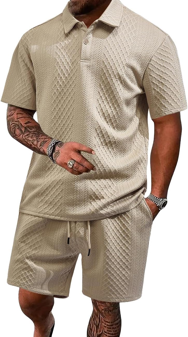 Men's 2 Pieces Outfits Casual Polo Shirt and Shorts Set Collar Athletic Jogging Summer Tracksuit