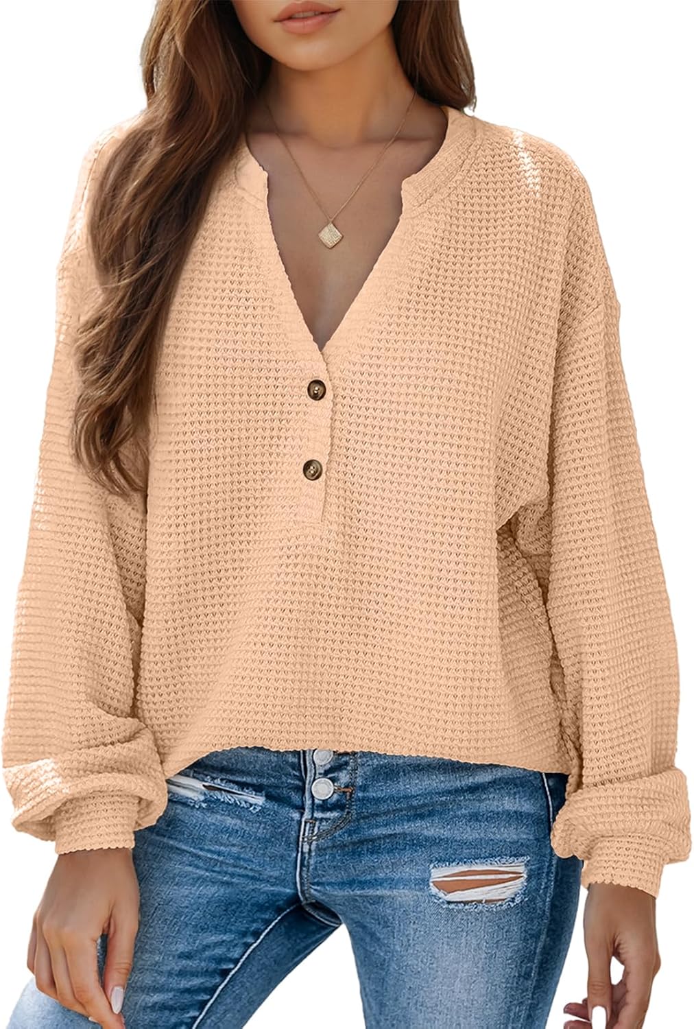 Dokotoo Womens Waffle Knit Tops 2026 Dressy Casual Button Shirts Long Sleeve V Neck Blouses Basic Tee