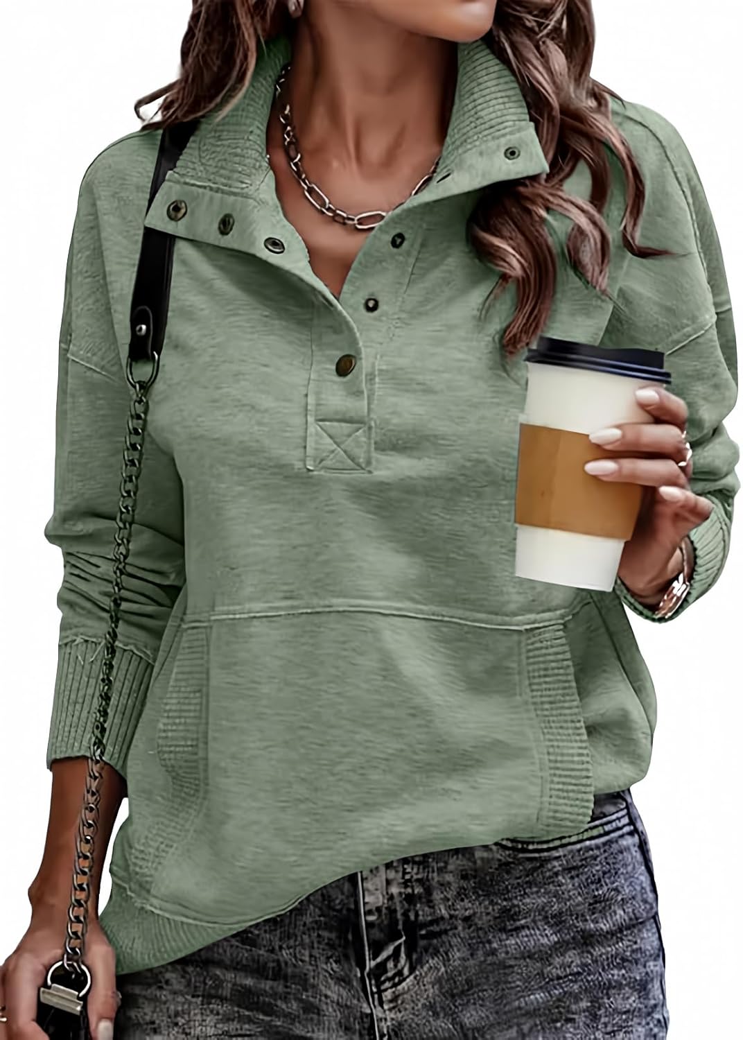 SHEWIN Women's Casual Long Sleeve Stand Neck Sweatshirt Lightweight Button Drawstring Pullover Tops | Long Sleeve, V Neck, Button , Stand Neck, Lightweight , Spring, Clothes, Cruise, Plus SIze, 2026