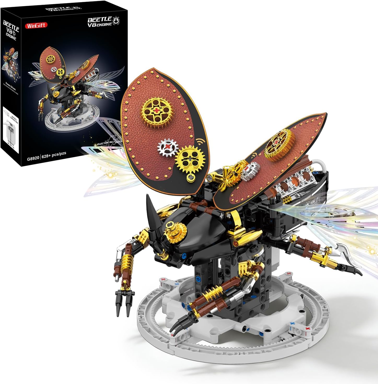 Bionic Steampunk Beetle Insect Building Set, Poseable Articulated Mechanical Joints, Motorized Movable STEM Brick Model with Display Stand, Vintage Gear Collectible Decor Gift for Kids Teens Adults