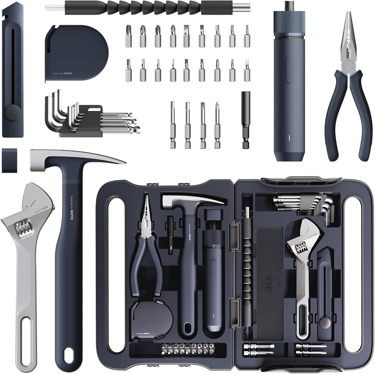 HOTO 40-Piece Tool Kit, Household Essentials Tool Set w/Smart Electric Screwdriver (LED, 3 Torque) + 14 Tools & 26 Accessories Including Allen Wrenches Sets | Pro-Grade Compact Organizer