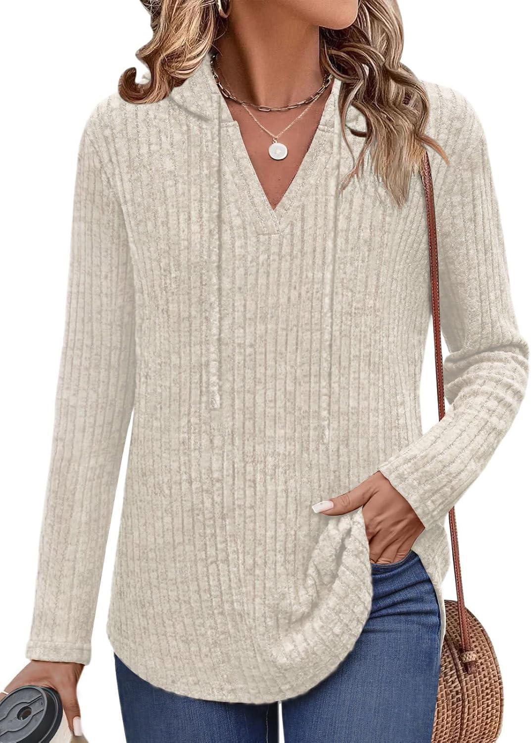 Lylinan Womens Long Sleeve Knit Hoodies V Neck Pullover Tops Ribbed Sweaters Fall Fashion Clothes S-XXL