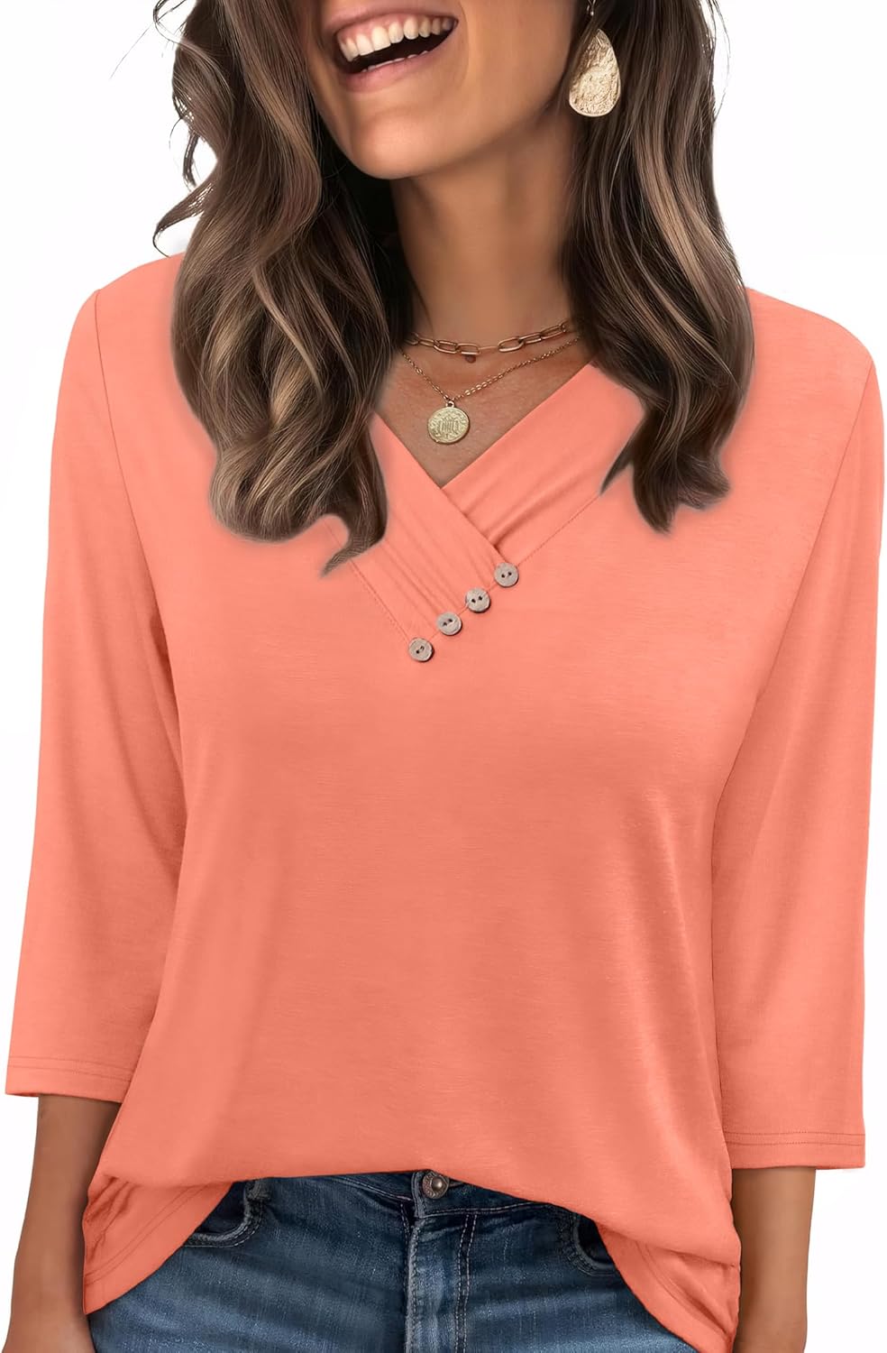 Sampeel Women's V Neck 3/4 Length Sleeve Button Down Shirt